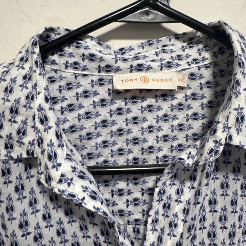 Tory Burch Women's 100% Cotton Blouse Top Tie Belt Size XS Navy Blue & White - Picture 3 of 5